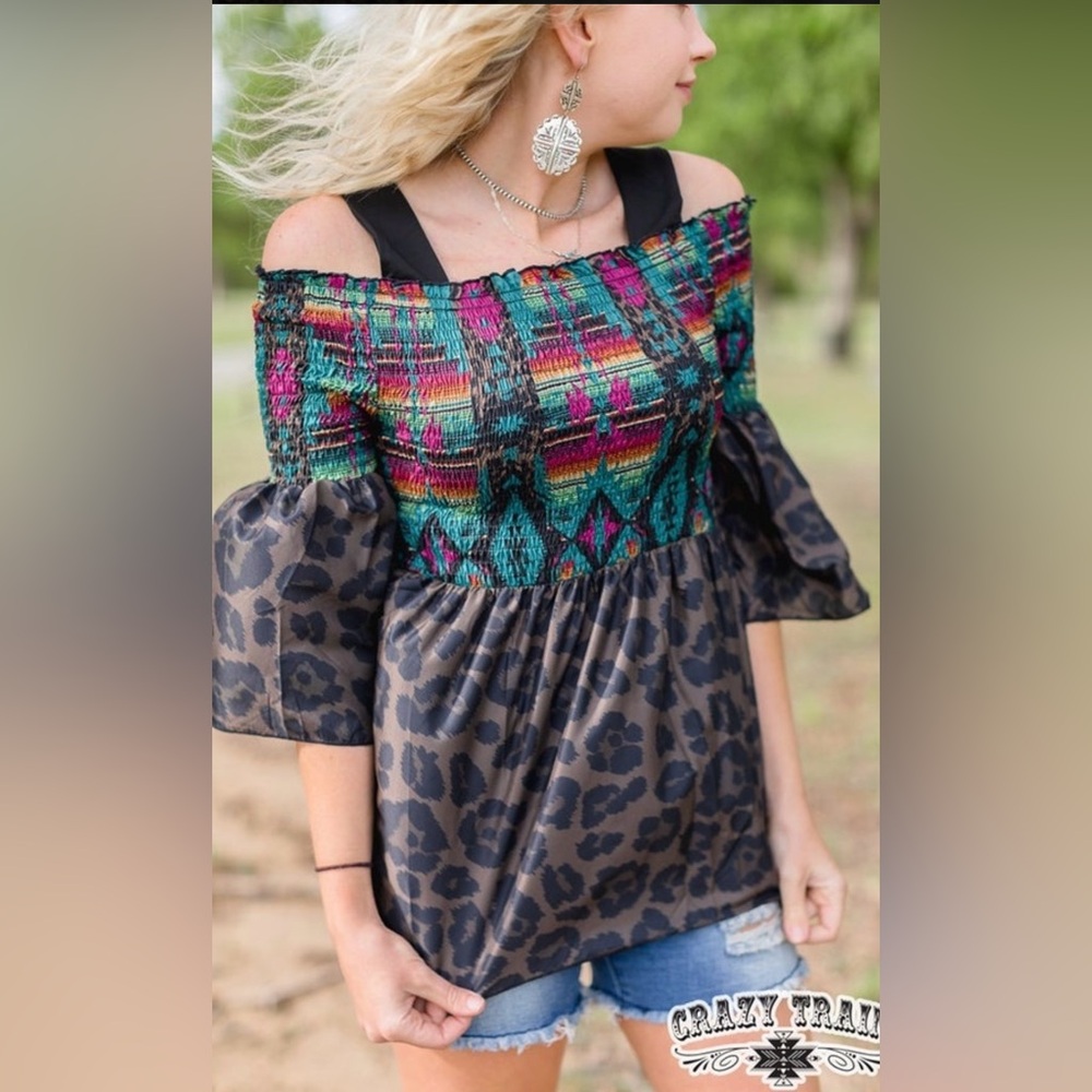 Crazy Train Green and Pink Smocked 3/4 Sleeve Blouse- Karisma top Sz S